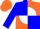 Silk - Blue and orange quarters, orange 'b' on white ball, orange cap