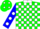 Silk - Green and white blocks, white collar, blue sleeves, white dots, green cap, white dots