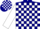 Silk - Navy blue and white quarter blocks on front and back, 'lr' on back, navy blue hoops on white sleeves