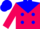 Silk - Hot pink, blue yoke and 'wt', blue dots on hot pink sleeves, blue cap