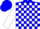 Silk - Blue and white blocks, white 'b' in blue dot, white sleeves, blue cap
