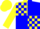 Silk - Yellow and blue quarters, blue 'jf', blue blocks on yellow sleeves, yellow cap
