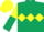 Silk - Dark green, yellow triple diamond, yellow and dark green halved sleeves, yellow cap