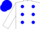 Silk - White, red circled 'l', blue dots, blue dots on white sleeves, blue cap