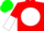 Silk - Bright red, white ball, green 'b',  red and white vertical halved sleeves, green cap