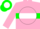 Silk - Pink, green hoop, green 'dhm' on white ball, green bar on sleeves