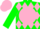 Silk - green, pink ball, pink diamonds on green sleeves, pink cap