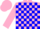 Silk - Pink, blue blocks, black circled fleur-de-lis, pink cap