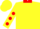 Silk - Yellow, red collar, red 'wrf', red dots on sleeves