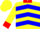 Silk - Yellow, blue chevrons on front, blue 'r' in red 'v' on back, blue bar on sleeves, red cuffs & collar
