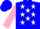 Silk - Blue, pink 'd', white stars, pink cuffs on slvs