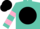 Silk - Turquoise, pink belts, turquoise and pink 'cm' on black ball, pink bars on sleeves, black cap