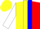 Silk - Yellow and red halved, blue panel, blue and red hoops on white sleeves, yellow cap