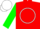 Silk - Red, white circle with green 'ro aj', green sleeves, green collar, white cap