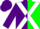 Silk - Purple and green inverted halves, white 'dt' and cross sashes, purple sleeves, purple cap