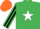Silk - Emerald green, white star, emerald green and black striped sleeves, orange cap