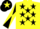 Silk - Yellow, black stars, black and yellow diabolo on sleeves, black cap, yellow star