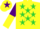 Silk - Yellow and purple thirds, lime green stars, lime green star stipe on purple and yellow halved sleeves