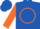 Silk - Royal blue, orange circle and 'r', orange sleeves, two blue hoops