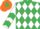 Silk - Emerald green, white diamonds, white sleeves, emerald green chevrons, orange cap, emerald green star