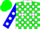 Silk - Green, white collar and blocks, white dots on blue sleeves, white dots on green cap