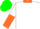 Silk - White, green shamrocks, burnt orange collar, white and orange halved sleeves, green cap, orange visor, white pompon