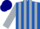 Silk - Royal blue, multi-colored shield emblem on black, silver stripes on sleeves, navy blue cap