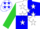 Silk - White and blue quarters, white stars on lime green sleeves
