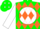 Silk - Green, orange 'd/e' on white ball, orange diamonds on white sleeves