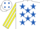 Silk - White, royal blue stars, yellow and white striped sleeves, royal blue diamonds on cap