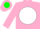Silk - Pink, green 'dmh' on white ball on green belt, green band on sleeves