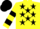 Silk - Yellow, black stars, two black hoops on sleeves, black cap