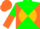 Silk - Green and orange diagonal quarters, bumble bee on gold ball, green and orange halved sleeves, orange cap