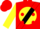 Silk - Red, black musical note in yellow ball on yellow and black sash, red dots on yellow sleeves, red cap