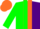 Silk - Green and purple vertical halves, orange vertical stripe, orange cap