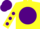 Silk - Yellow, yellow 'ss' in purple ball, purple dots on sleeves, purple cap