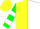 Silk - Yellow and white halves, green maple leaf, green 'nlf' on white bars on sleeves