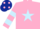 Silk - Pink, light blue star, hooped sleeves, dark blue cap, pink spots