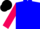 Silk - Blue, black 'jc' on hot pink triangle, blue triangle on hot pink sleeves, black cap