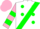 Silk - White, pink and green sash, pink and green dots, pink and green bars on sleeves, pink cap