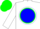 Silk - White, green circle in blue ball, white sleeves, green cap