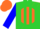 Silk - Lime green, orange 'b/g' in blue and orange ball and sash, lime stripes on blue sleeves, orange cap