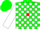 Silk - Green, white blocks, black 'fem' on red sash, white blocks on sleeves, green cap