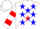Silk - White, red state of texas emblem, blue stars and white texas emblems on red sash, red hoops on slvs