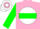 Silk - Pink, green 'dhm' on white ball, green hoop on sleeves
