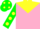 Silk - Pink, yellow yoke, black 'wy', green sleeves, yellow dots, green cap, yellow dots