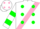 Silk - White, pink sash, green dots, green hoops on sleeves