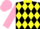 Silk - Black and yellow checked diamonds, yellow collar, dayglo pink sleeves, black cuffs and cap, dayglo pink peak