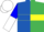 Silk - Royal Blue and Emerald Green halved horizontally, Yellow Hoop, White sleeves, blue and white halved cap, white peak