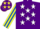 Silk - Purple, white stars, yellow & royal blue striped sleeves, royal blue cap, yellow stars